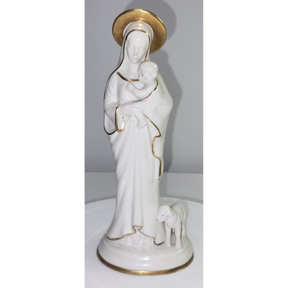 Gerold Porzellan Bavaria Madonna Child Figurine White Gold Gilt Lamb 8.5" Vtg